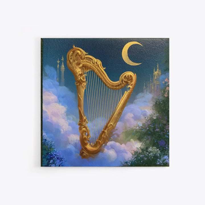 Golden Harp in a Cloud Kingdom Framed Canvas Print, Fairy Tale Art, Mixed Media Art, Living Room Decor, Fine Art, Storybook, FTA-1x1-46