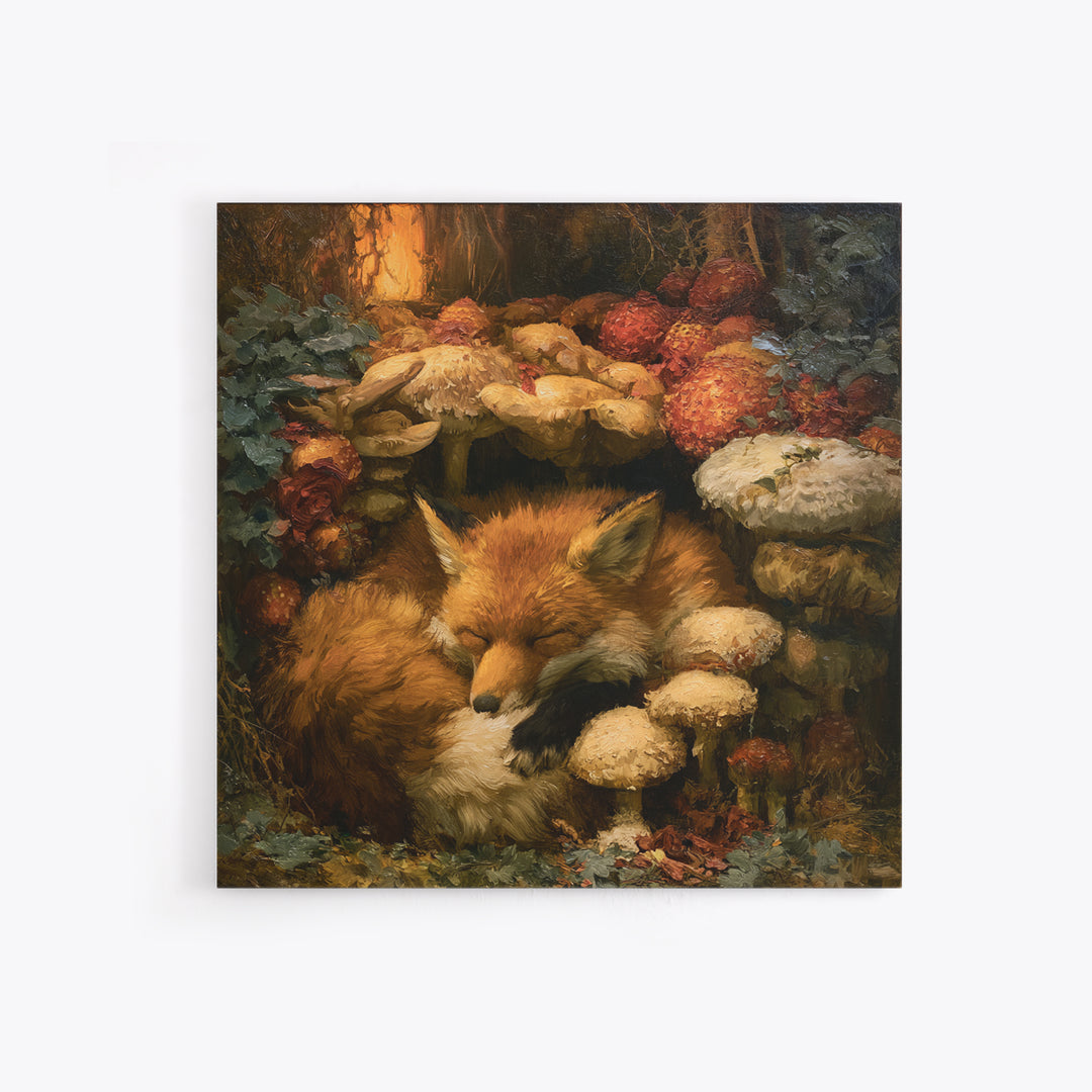 Sleeping Fox Beside a Magical Mushroom Ring Framed Canvas Print, Fairy Tale Art, Fantasy Art, Living Room Decor, Oil Painting, FTA-1x1-51