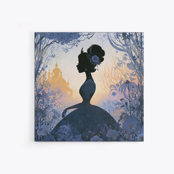 Princess Silhouette with Moonlit Garden Flowers Framed Canvas Print, Fairy Tale Art, Watercolor Art, Living Room Decor, FTA-1x1-52