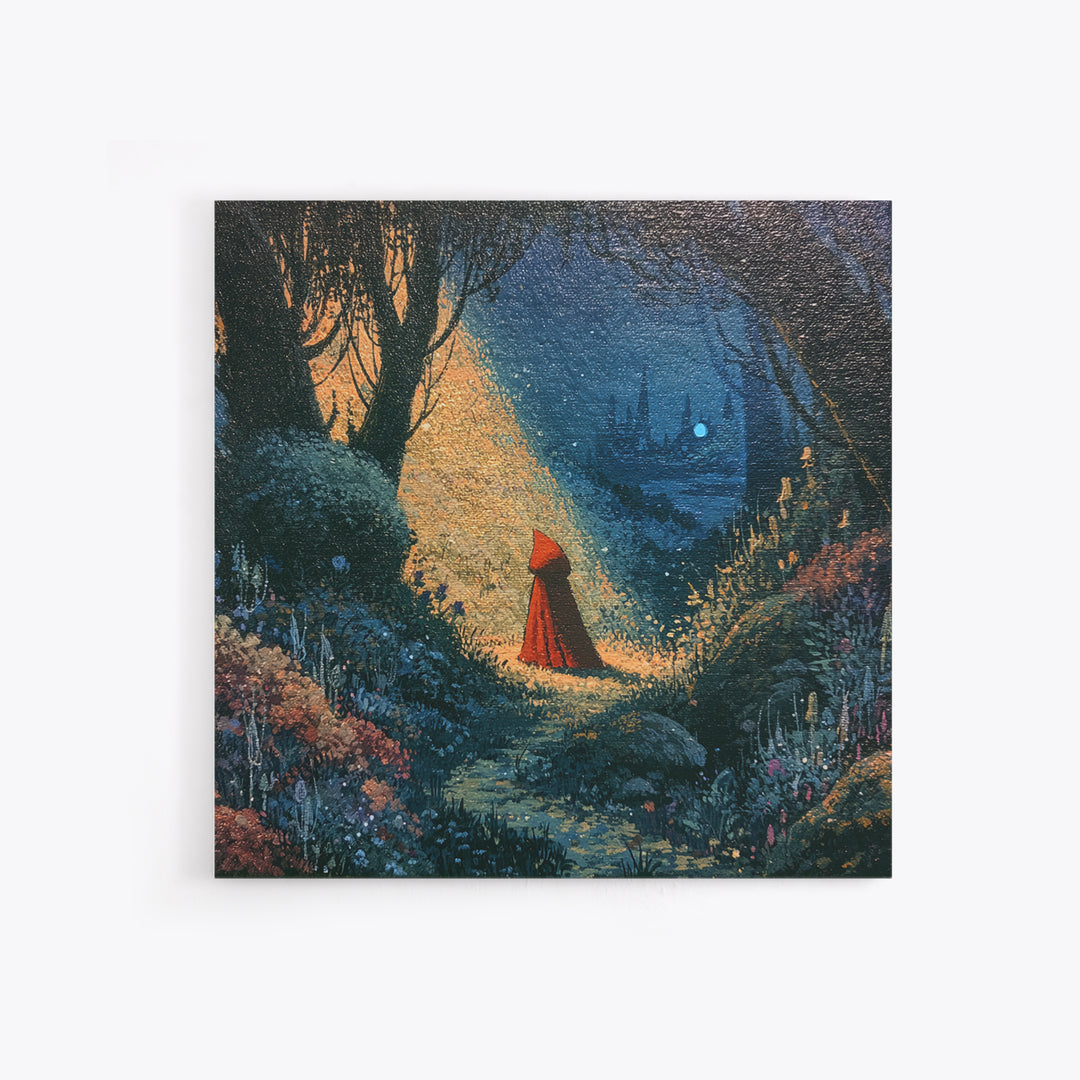 Red Cloak Figure Walking Through Dark Woods Framed Canvas Print, Fairy Tale Art, Canvas Wall Art, Living Room Decor, Storybook, FTA-1x1-56