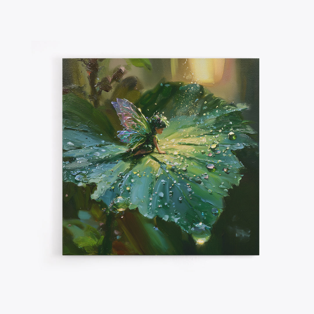 Tiny Fairy Resting on a Dew Covered Framed Canvas Print, Fairy Tale Art, Printable Art, Living Room Decor, Oil Painting, FTA-1x1-7