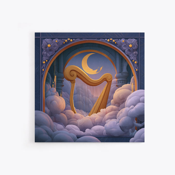 Golden Harp in a Cloud Kingdom Framed Canvas Print, Fairy Tale Art, Mixed Media Art, Living Room Decor, Fine Art, Storybook, FTA-1x1-70