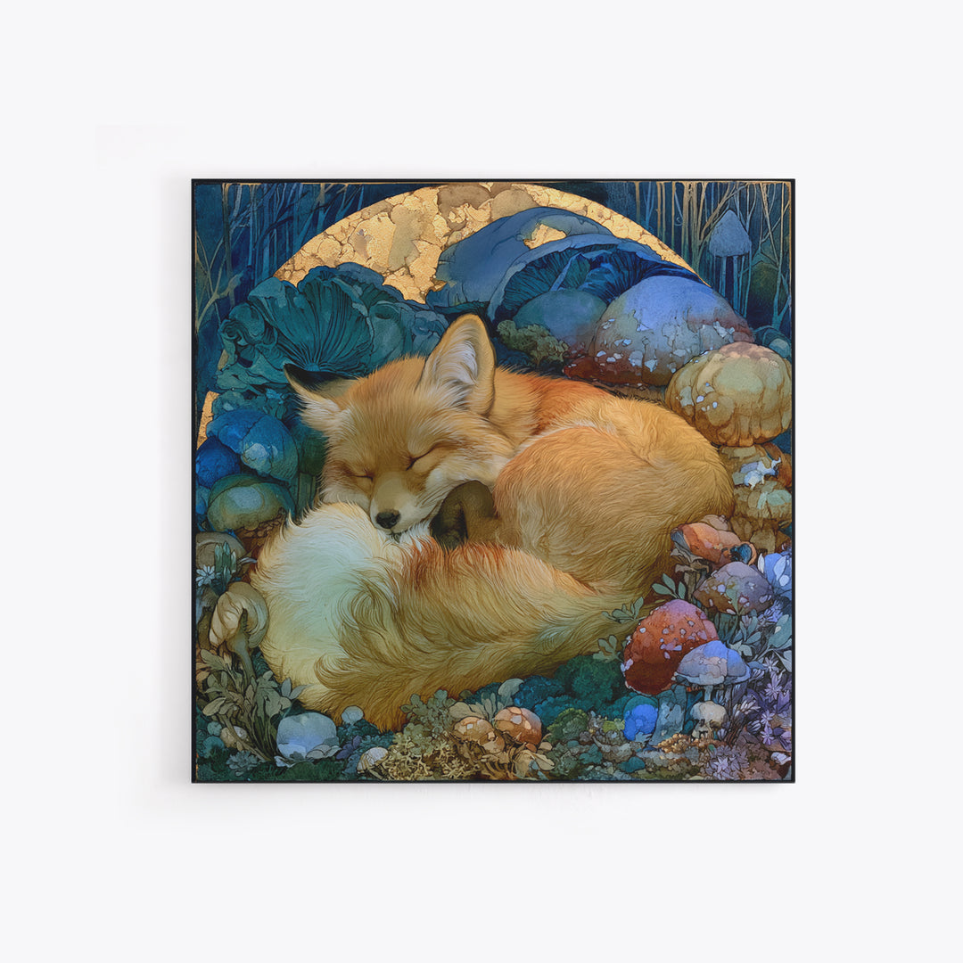 Sleeping Fox Beside a Magical Mushroom Ring Canvas Print, Fairy Tale Art, Statement Artwork, Living Room Decor, Storybook, FTA-1x1-75