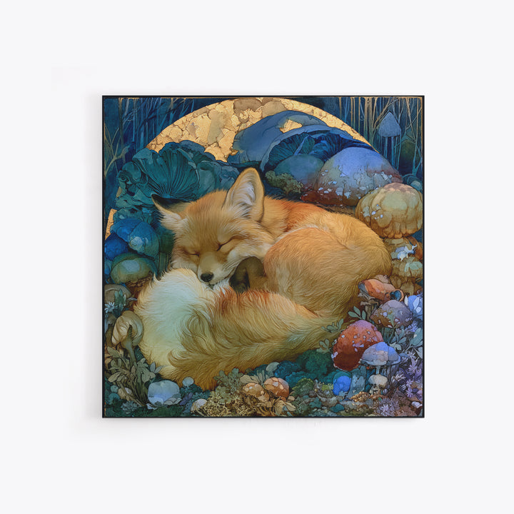 Sleeping Fox Beside a Magical Mushroom Ring Canvas Print, Fairy Tale Art, Statement Artwork, Living Room Decor, Storybook, FTA-1x1-75