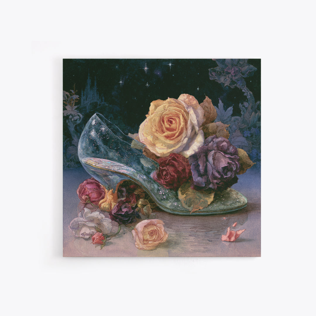 Glass Slipper Still Life Framed Canvas Print, Fairy Tale Art, Statement Artwork, Living Room Decor, Fine Art, Storybook, FTA-1x1-78