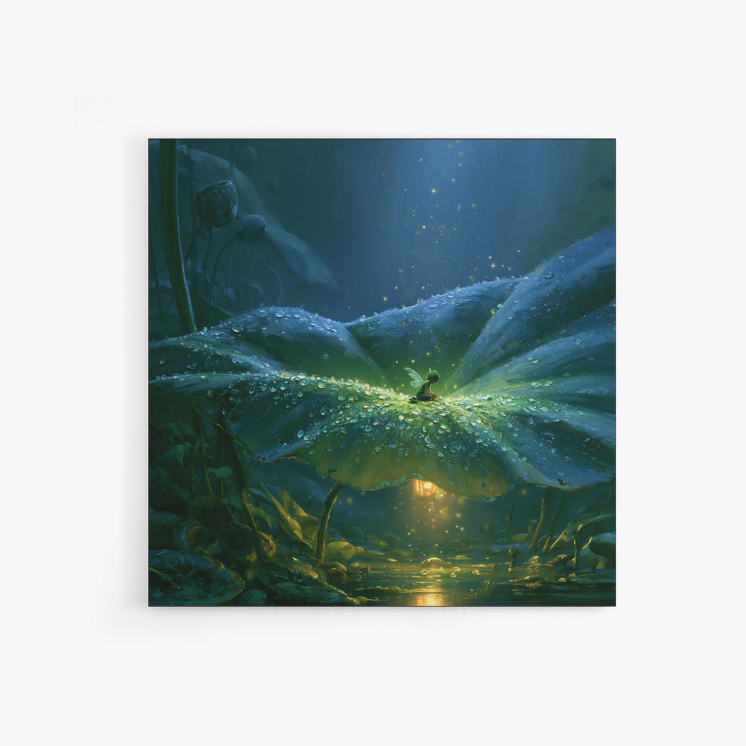 Tiny Fairy Resting on a Dew Covered Framed Canvas Print, Fairy Tale Art, Boho Decor, Living Room Decor, Fine Art, Storybook, FTA-1x1-79
