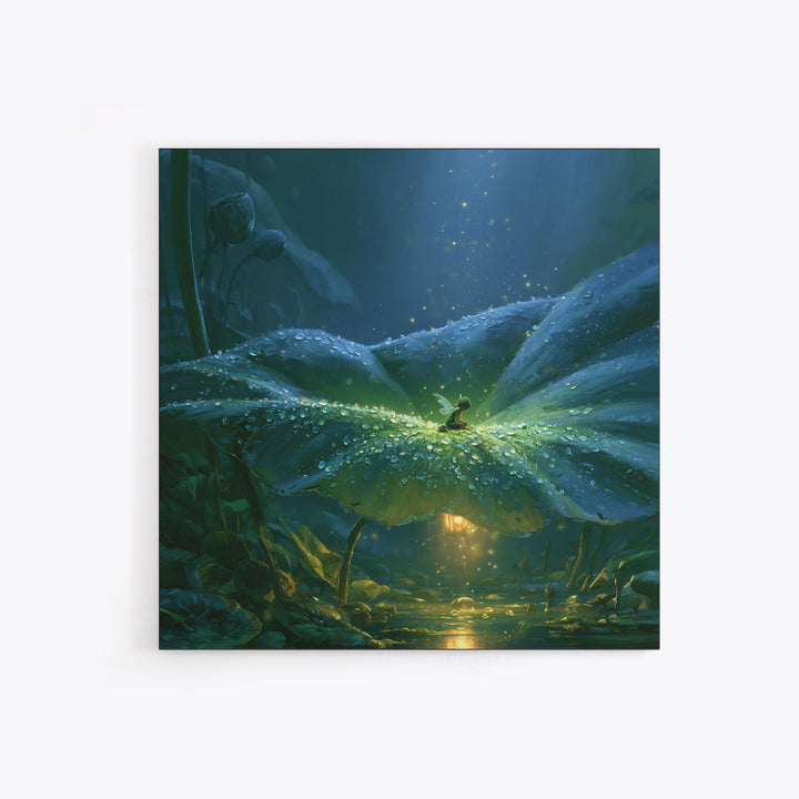 Tiny Fairy Resting on a Dew Covered Framed Canvas Print, Fairy Tale Art, Boho Decor, Living Room Decor, Fine Art, Storybook, FTA-1x1-79