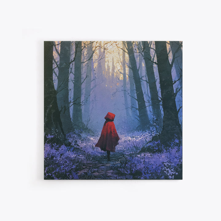 Red Cloak Figure Walking Through Dark Woods Framed Canvas Print, Fairy Tale Art, Original Art, Living Room Decor, Storybook, FTA-1x1-8