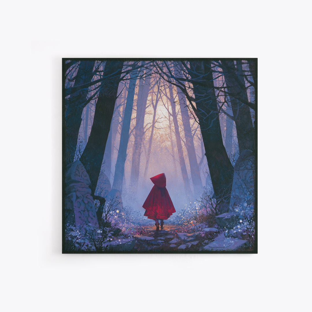 Red Cloak Figure Walking Through Dark Woods Canvas Print, Fairy Tale Art, Fine Art Print, Living Room Decor, Storybook, FTA-1x1-80
