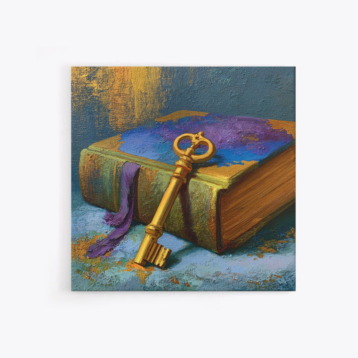 Golden Key and Enchanted Book Still Life Canvas Print, Fairy Tale Art, Painting, Living Room Decor, Fine Art, Storybook, FTA-1x1-81
