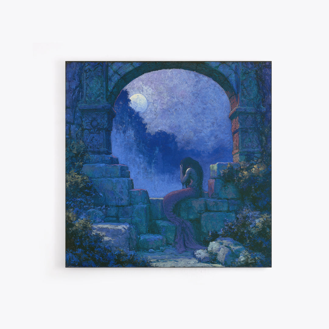 Mermaid Combing Hair Beneath a Pearl Moon Canvas Print, Fairy Tale Art, Kids Room Decor, Living Room Decor, Storybook, FTA-1x1-84