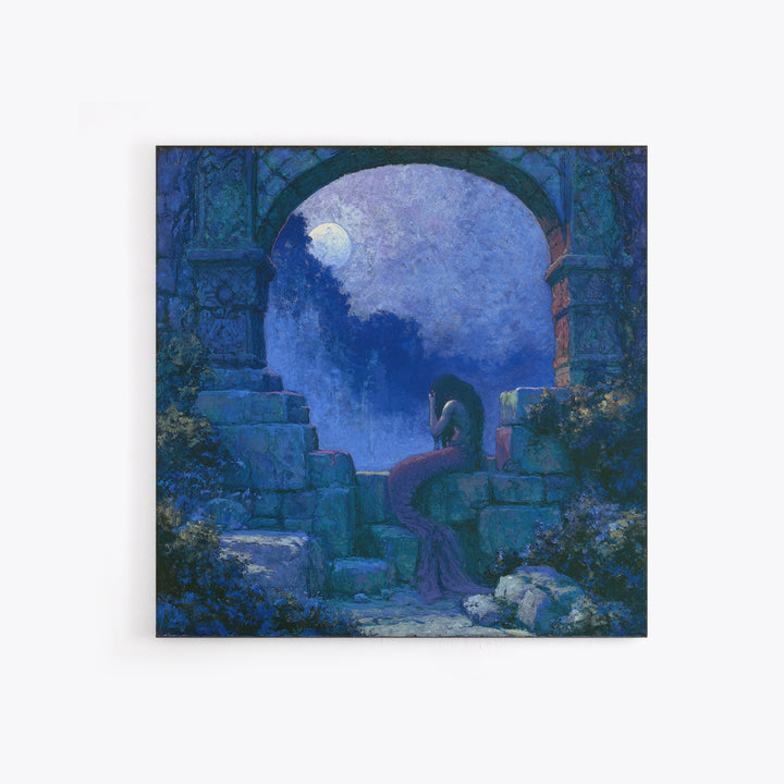 Mermaid Combing Hair Beneath a Pearl Moon Canvas Print, Fairy Tale Art, Kids Room Decor, Living Room Decor, Storybook, FTA-1x1-84