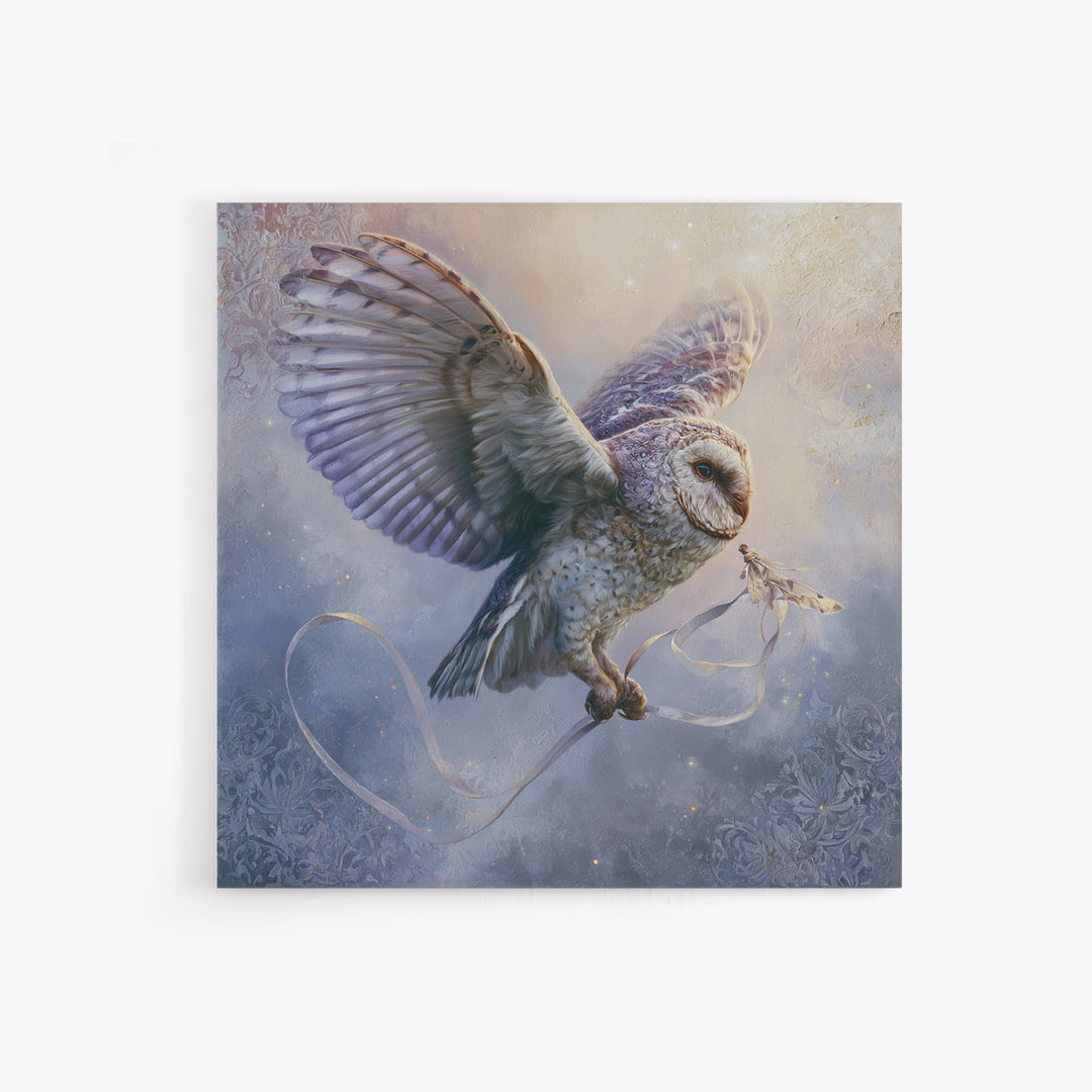 Owl Messenger Carrying a Tiny Ribbon Canvas Print, Fairy Tale Art, Contemporary Art, Living Room Decor, Fine Art, Storybook, FTA-1x1-89
