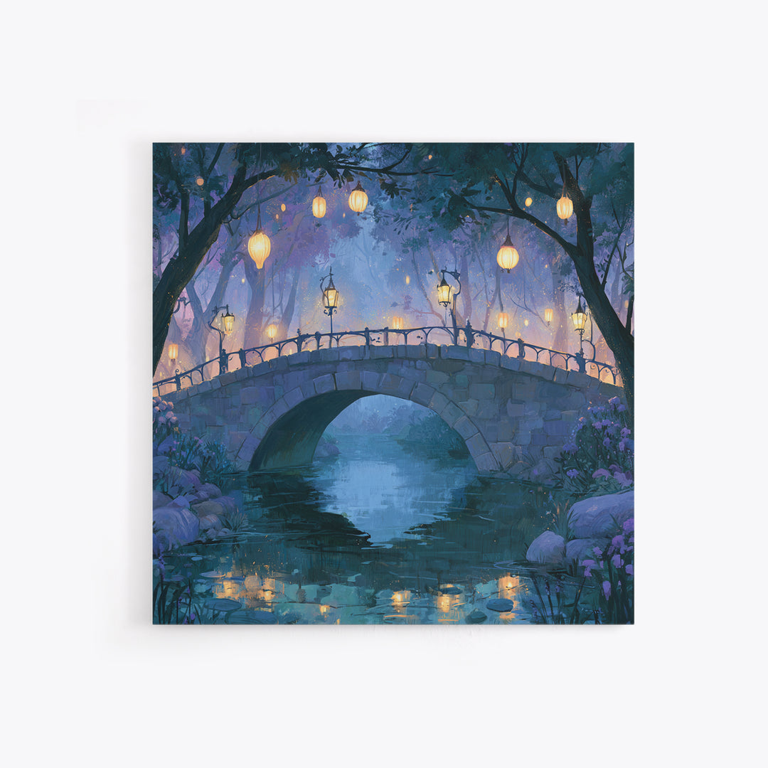 Lantern Lit Bridge Canvas Print, Fairy Tale Art, Fine Art Print, Living Room Decor, Fine Art, Storybook, Painting, Art Prints, FTA-1x1-95