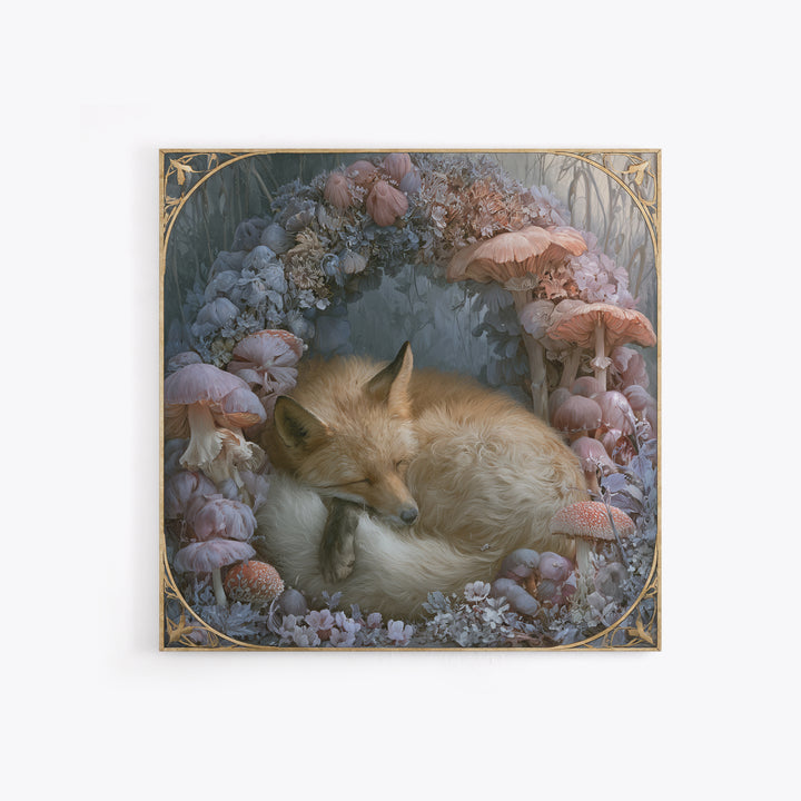 Sleeping Fox Beside a Magical Mushroom Ring Canvas Print, Fairy Tale Art, Painting, Living Room Decor, Fine Art, Storybook, FTA-1x1-99