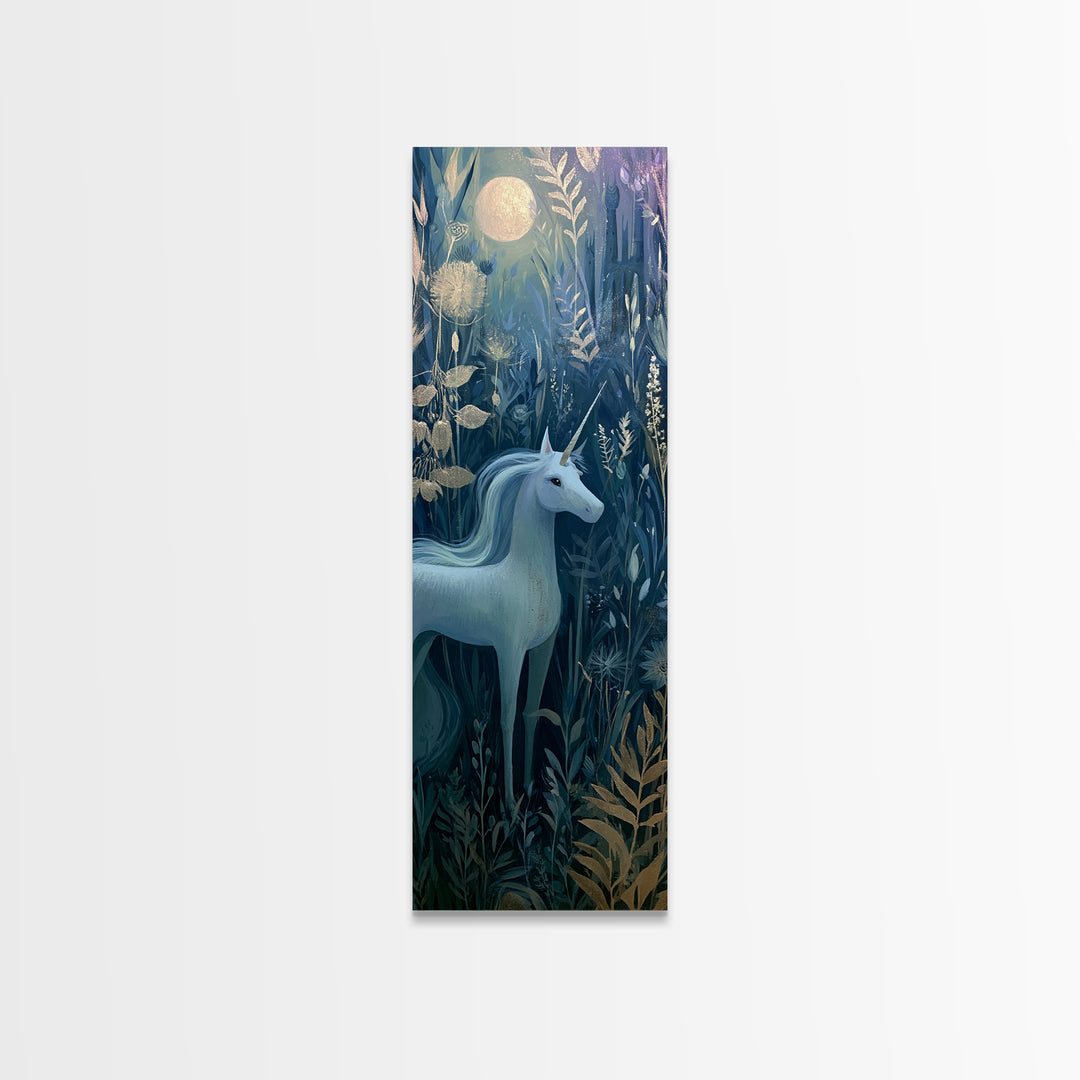Unicorn in a Moonlit Meadow Canvas Print, Fairy Tale Art, Mixed Media Art, Living Room Decor, Oil Painting, Storybook, FTA-1x3-22