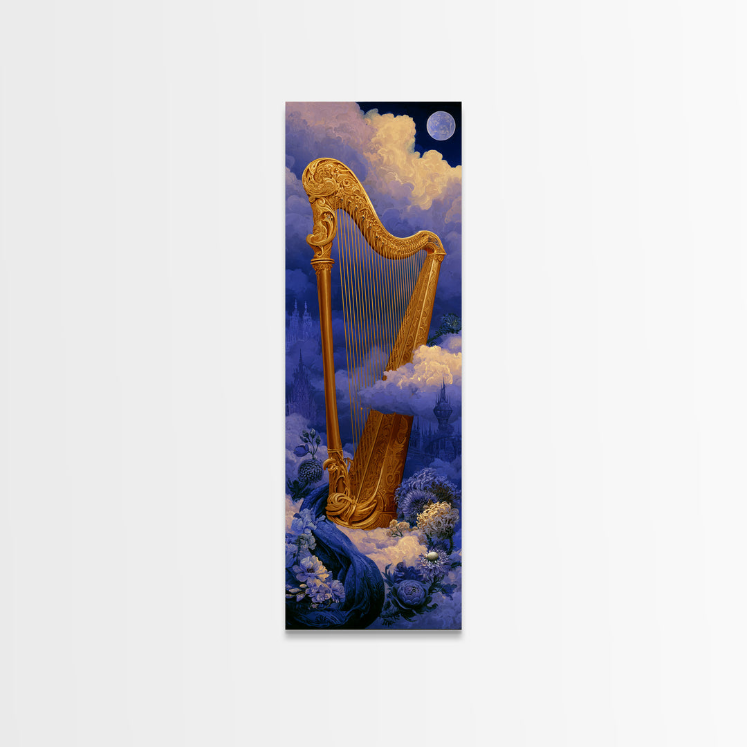 Golden Harp in a Cloud Kingdom Framed Canvas Print, Fairy Tale Art, Art Nouveau Print, Living Room Decor, Watercolor Art, FTA-1x3-34