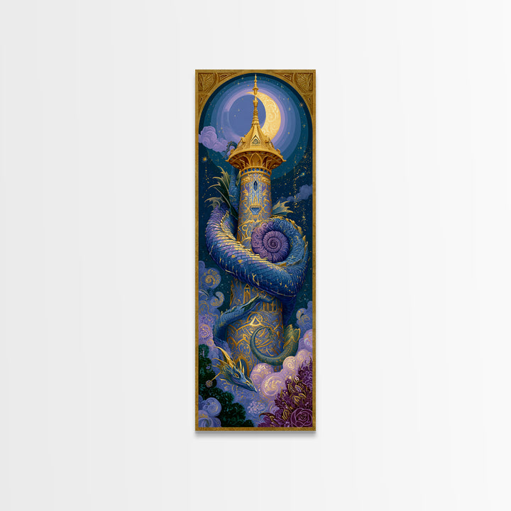 Dragon Curled Around a Jeweled Tower Canvas Print, Fairy Tale Art, Whimsical Wall Art, Living Room Decor, Fine Art, Storybook, FTA-1x3-41