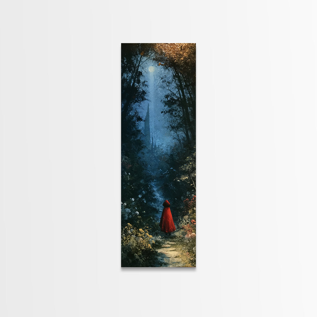 Red Cloak Figure Walking Through Dark Woods Canvas Print, Fairy Tale Art, Original Art, Living Room Decor, Fine Art, Storybook, FTA-1x3-44