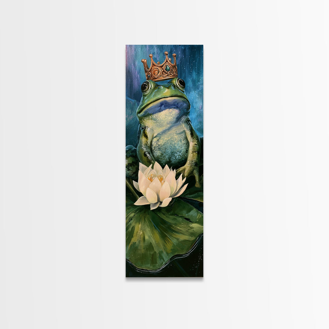 Frog Prince on a Lily Pad Framed Canvas Print, Fairy Tale Art, Whimsical Art, Living Room Decor, Fine Art, Storybook, FTA-1x3-47