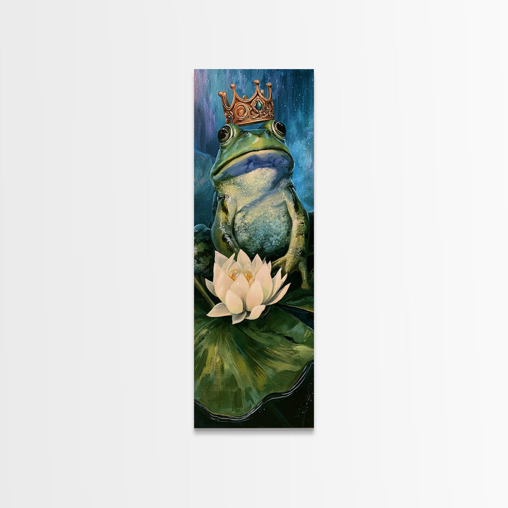 Frog Prince on a Lily Pad Framed Canvas Print, Fairy Tale Art, Whimsical Art, Living Room Decor, Fine Art, Storybook, FTA-1x3-47