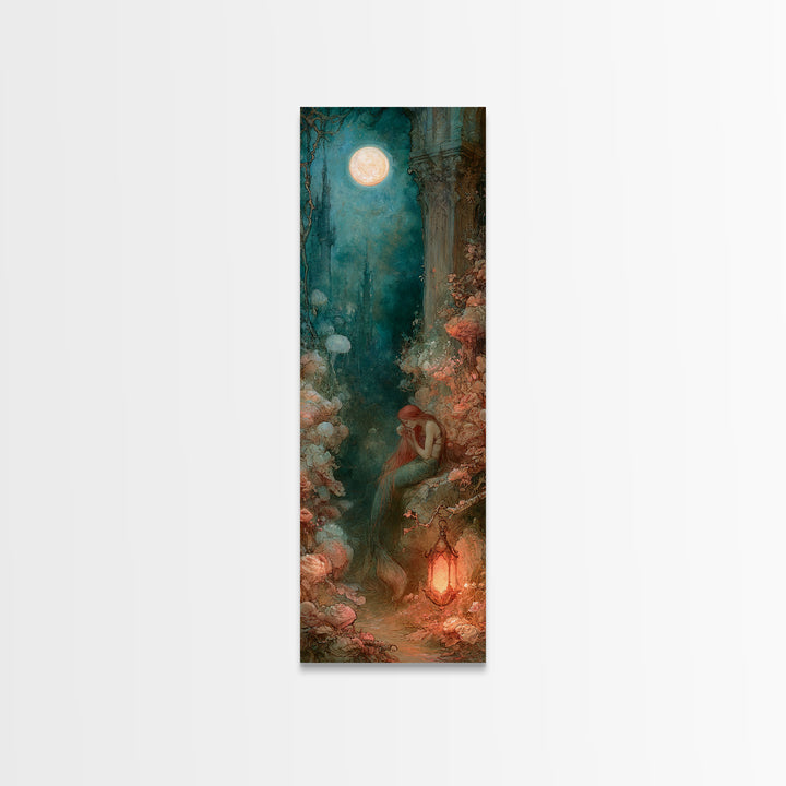 Mermaid Combing Hair Beneath a Pearl Moon Canvas Print, Fairy Tale Art, Nursery Wall Art, Living Room Decor, Watercolor Art, FTA-1x3-48