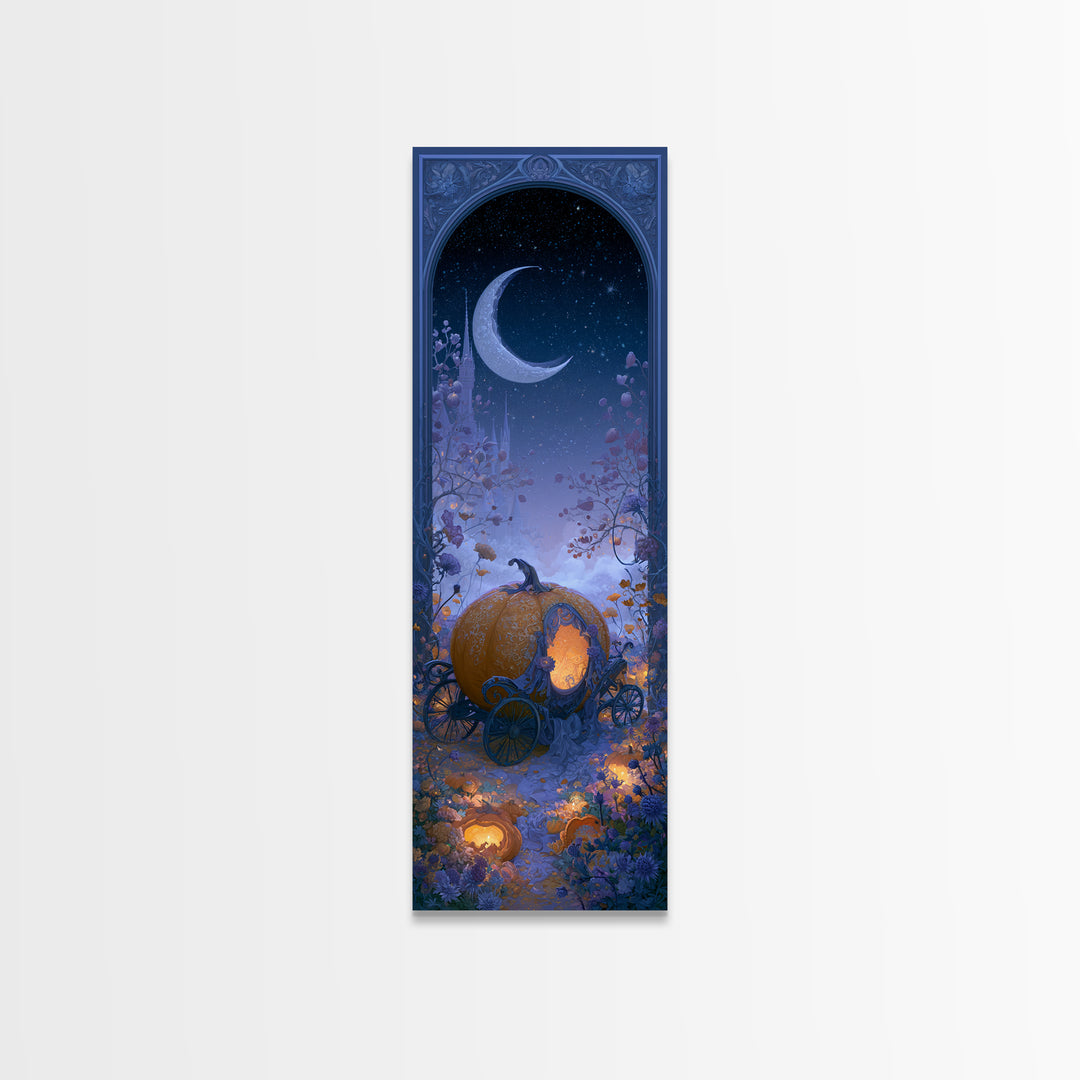 Pumpkin Carriage under Midnight Sky Framed Canvas Print, Fairy Tale Art, Art Nouveau, Living Room Decor, Fine Art, Storybook, FTA-1x3-52