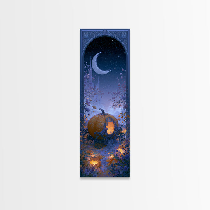 Pumpkin Carriage under Midnight Sky Framed Canvas Print, Fairy Tale Art, Art Nouveau, Living Room Decor, Fine Art, Storybook, FTA-1x3-52