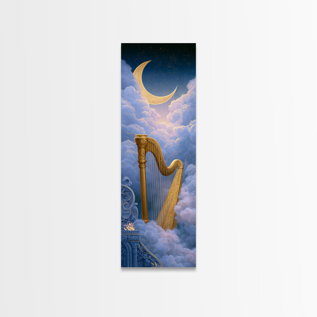 Golden Harp in a Cloud Kingdom Framed Canvas Print, Fairy Tale Art, Art Nouveau Print, Living Room Decor, Watercolor Art, FTA-1x3-58