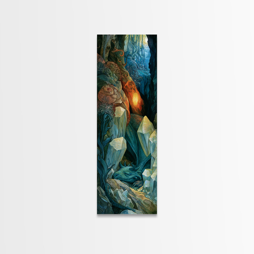 Sleeping Dragon in a Cave of Crystals Canvas Print, Fairy Tale Art, Abstract Art, Living Room Decor, Storybook, Kids Room Art, FTA-1x3-60
