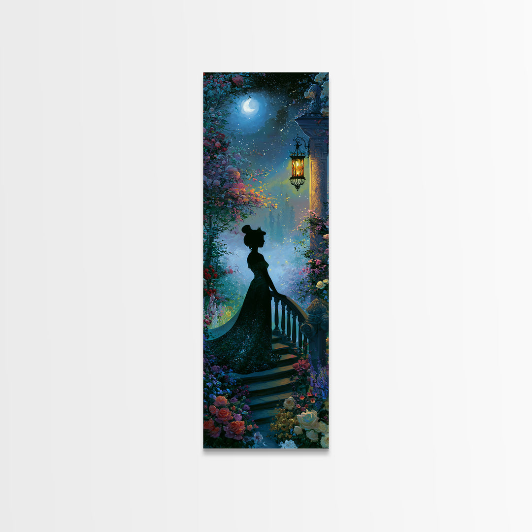 Princess Silhouette with Moonlit Garden Flowers Framed Canvas Print, Fairy Tale Art, Watercolor Art, Living Room Decor, FTA-1x3-64