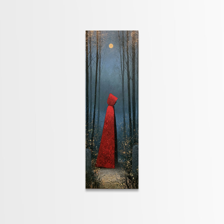 Red Cloak Figure Walking Through Dark Woods Canvas Print, Fairy Tale Art, Whimsical Art, Living Room Decor, Oil Painting, FTA-1x3-68