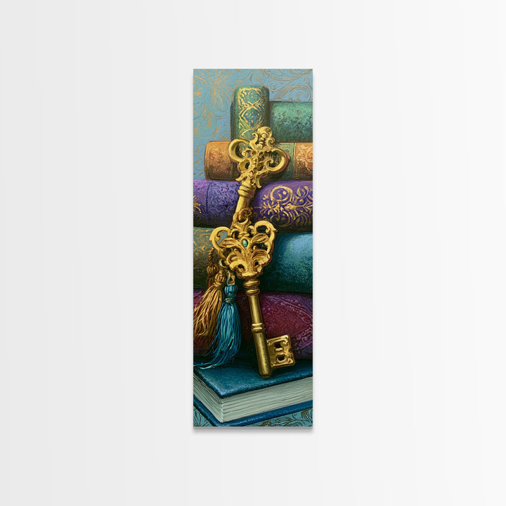 Golden Key and Enchanted Book Still Life Framed Canvas Print, Fairy Tale Art, Wall Art, Living Room Decor, Oil Painting, FTA-1x3-69
