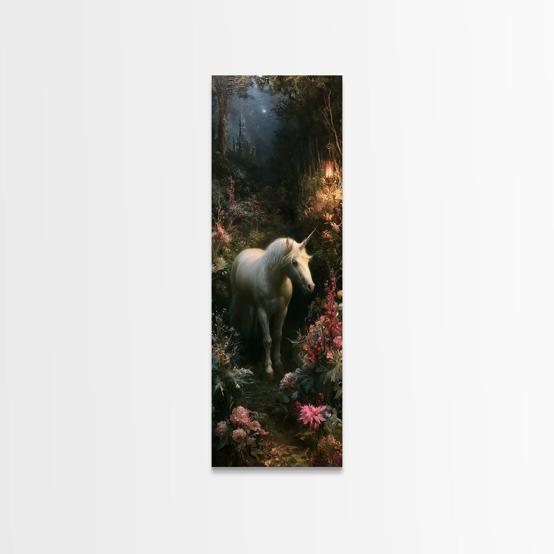 Unicorn in a Moonlit Meadow Framed Canvas Print, Fairy Tale Art, Modern Decor, Living Room Decor, Fine Art, Storybook, FTA-1x3-70