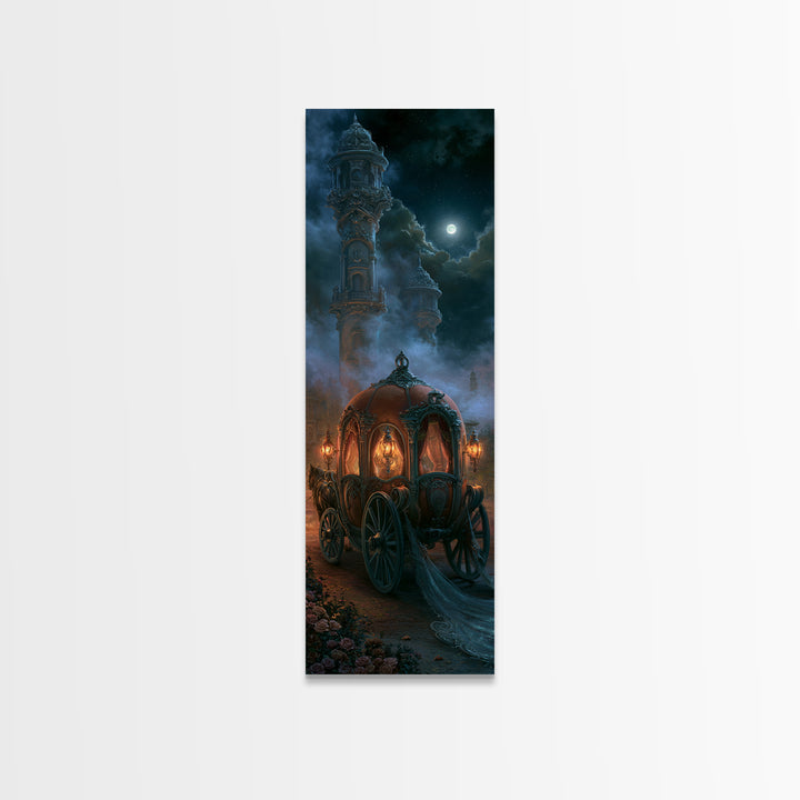Pumpkin Carriage under Midnight Sky Framed Canvas Print, Fairy Tale Art, Princess Wall Art, Living Room Decor, Oil Painting, FTA-1x3-76