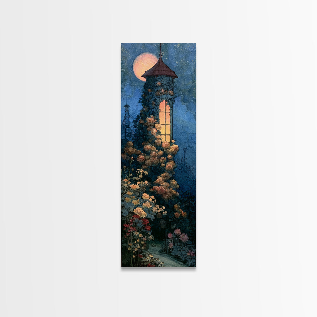 Rose Covered Tower Canvas Print, Fairy Tale Art, Statement Artwork, Living Room Decor, Fine Art, Storybook, Art Prints, FTA-1x3-78