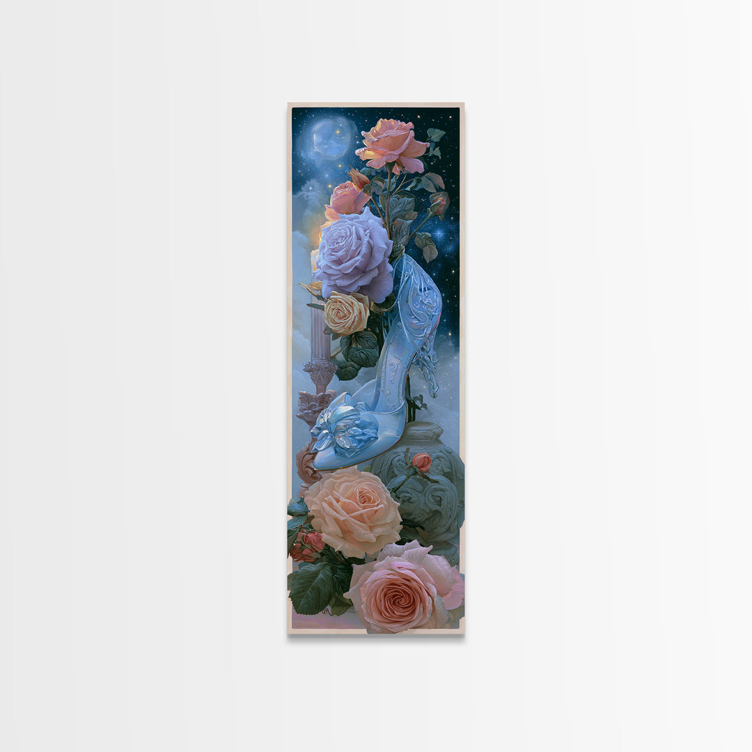 Glass Slipper Still Life Canvas Print, Fairy Tale Art, Wall Art, Living Room Decor, Oil Painting, Storybook, Printable Art, FTA-1x3-90
