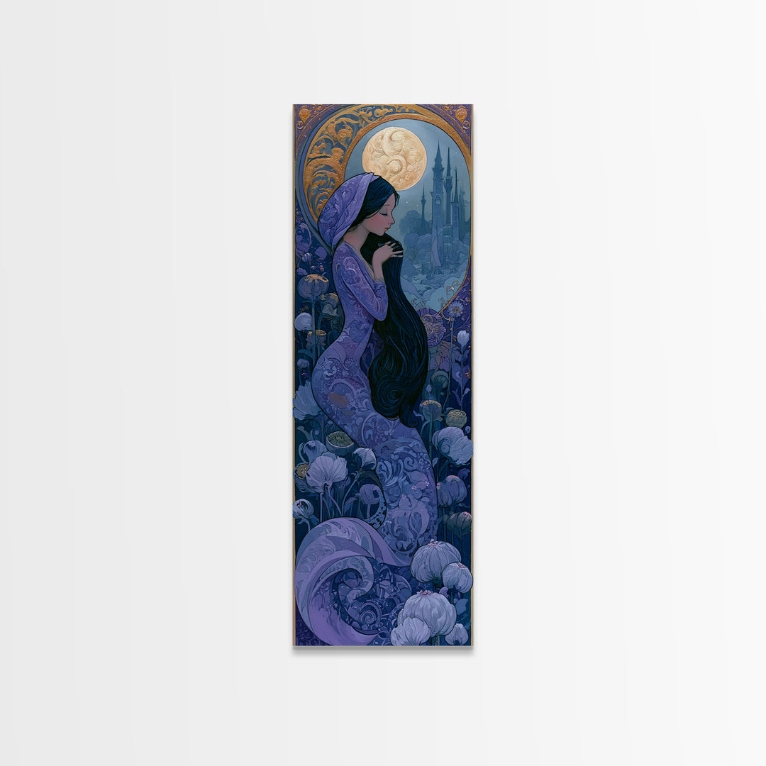 Mermaid Combing Hair Beneath a Pearl Moon Canvas Print, Fairy Tale Art, Kids Room Decor, Living Room Decor, Storybook, FTA-1x3-96