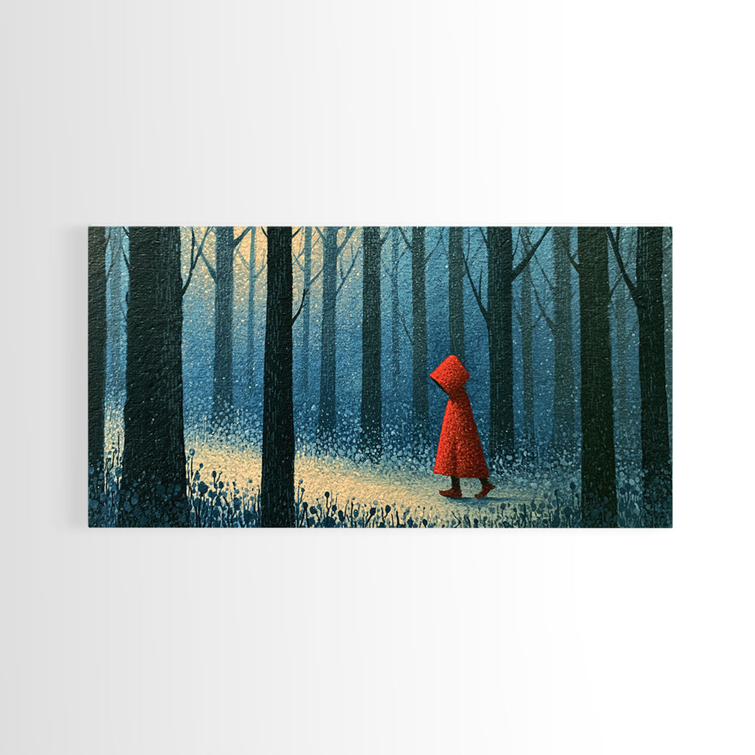 Red Cloak Figure Walking Through Dark Woods Framed Canvas Print, Fairy Tale Art, Dark Art, Living Room Decor, Storybook, FTA-2x1-100