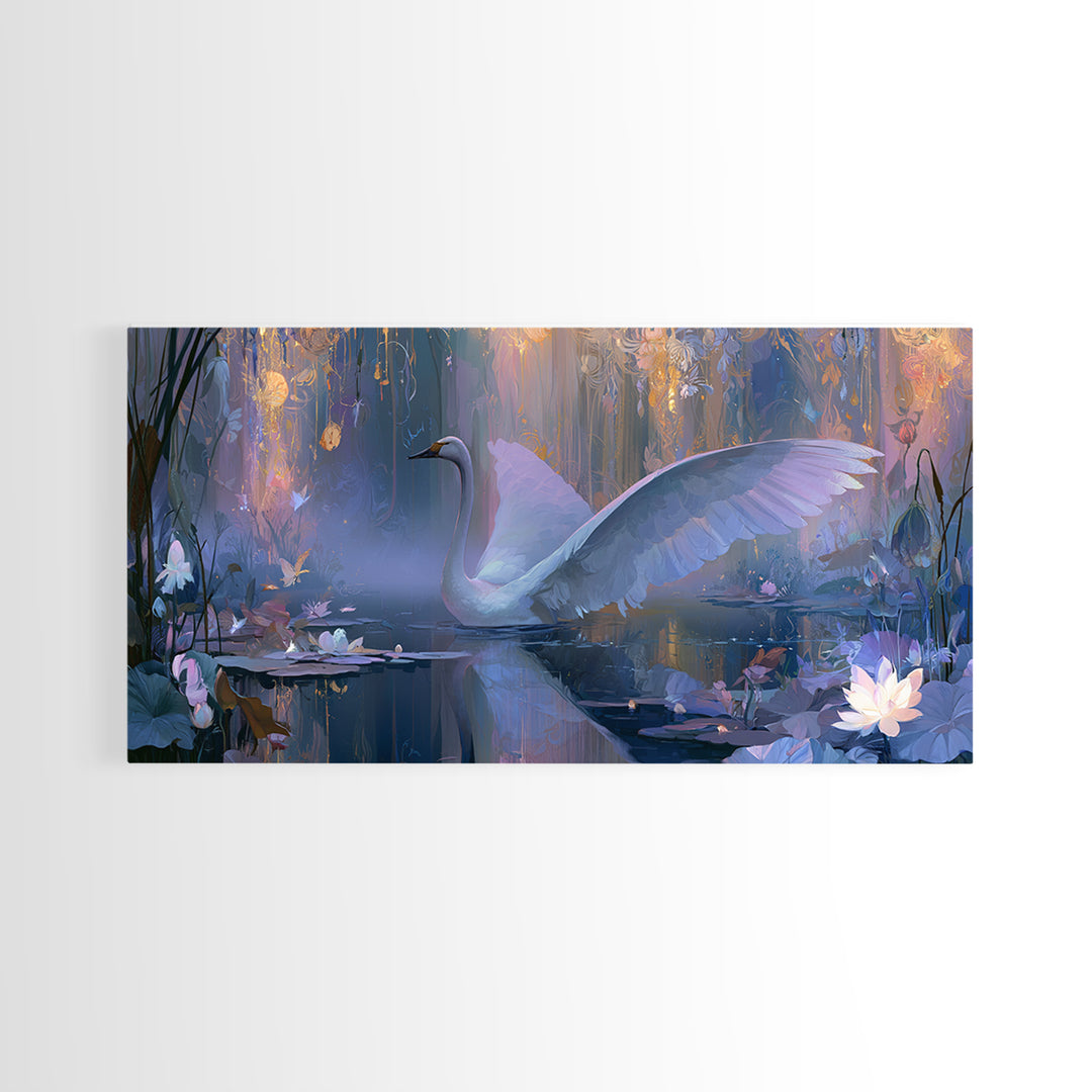 White Swan Transformation Scene Framed Canvas Print, Fairy Tale Art, Folk Art, Living Room Decor, Fine Art, Storybook, FTA-2x1-11