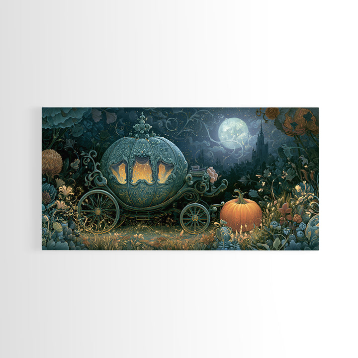 Pumpkin Carriage under Midnight Sky Framed Canvas Print, Fairy Tale Art, Room Decor, Living Room Decor, Fine Art, Storybook, FTA-2x1-12