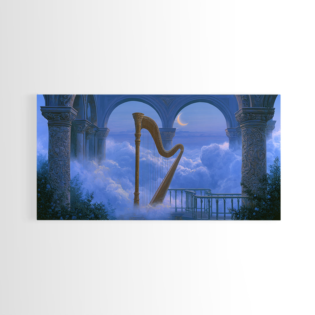 Golden Harp in a Cloud Kingdom Framed Canvas Print, Fairy Tale Art, Room Decor, Living Room Decor, Fine Art, Storybook, FTA-2x1-18