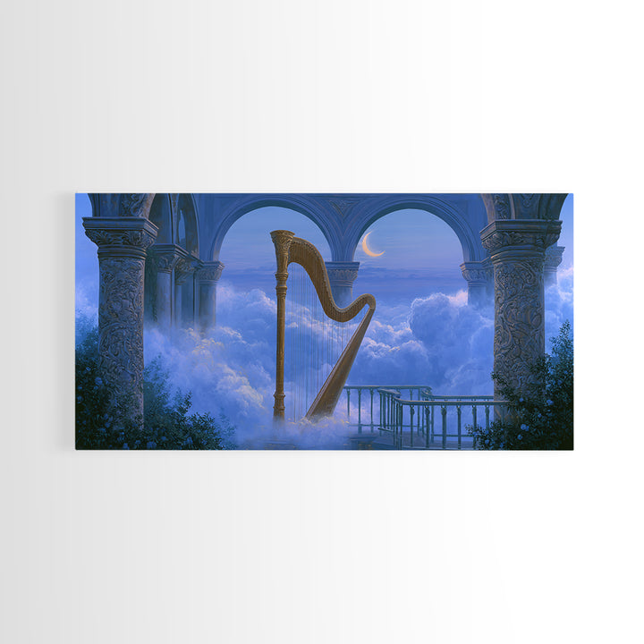 Golden Harp in a Cloud Kingdom Framed Canvas Print, Fairy Tale Art, Room Decor, Living Room Decor, Fine Art, Storybook, FTA-2x1-18