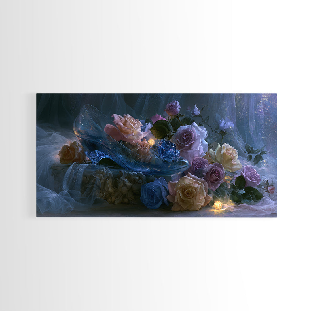 Glass Slipper Still Life Canvas Print, Fairy Tale Art, Living Room Decor, Abstract Art, Storybook, Art Nouveau, FTA-2x1-2