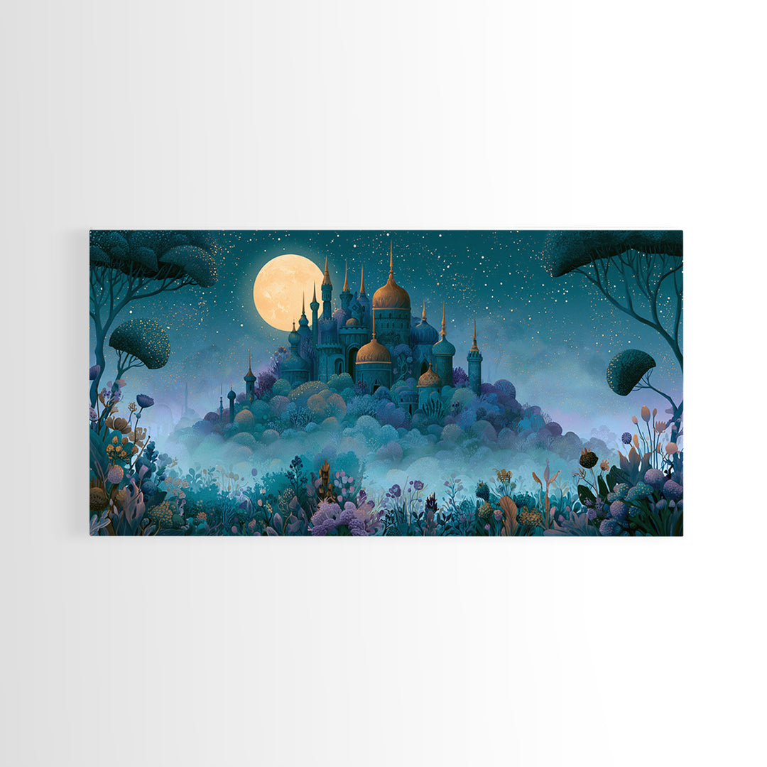 Storybook Castle on a Misty Hill Canvas Print, Fairy Tale Art, Textured Painting, Living Room Decor, Fine Art, Storybook, FTA-2x1-22