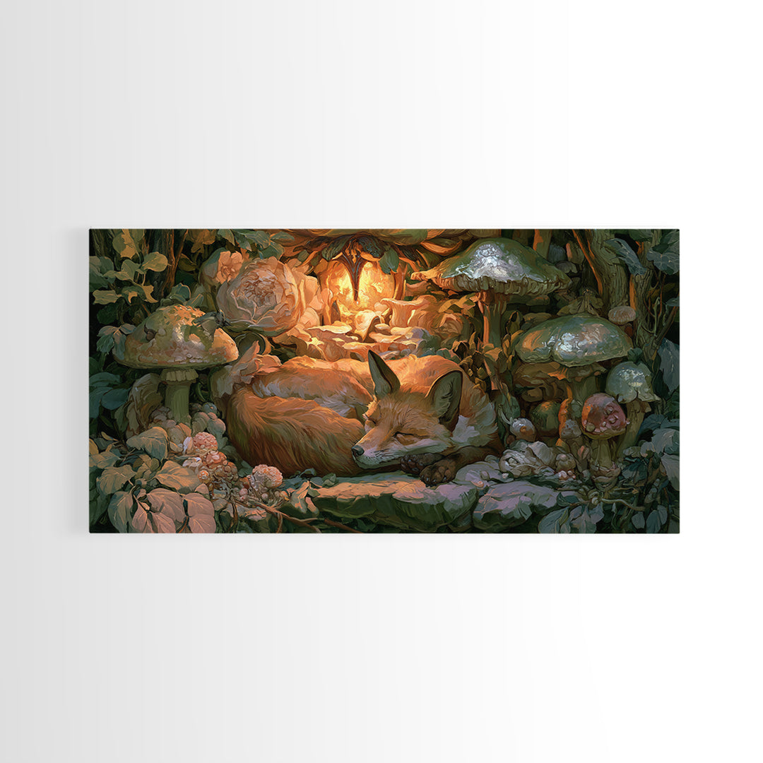 Sleeping Fox Beside a Magical Mushroom Ring Canvas Print, Fairy Tale Art, Nursery Wall Art, Living Room Decor, Storybook, FTA-2x1-23