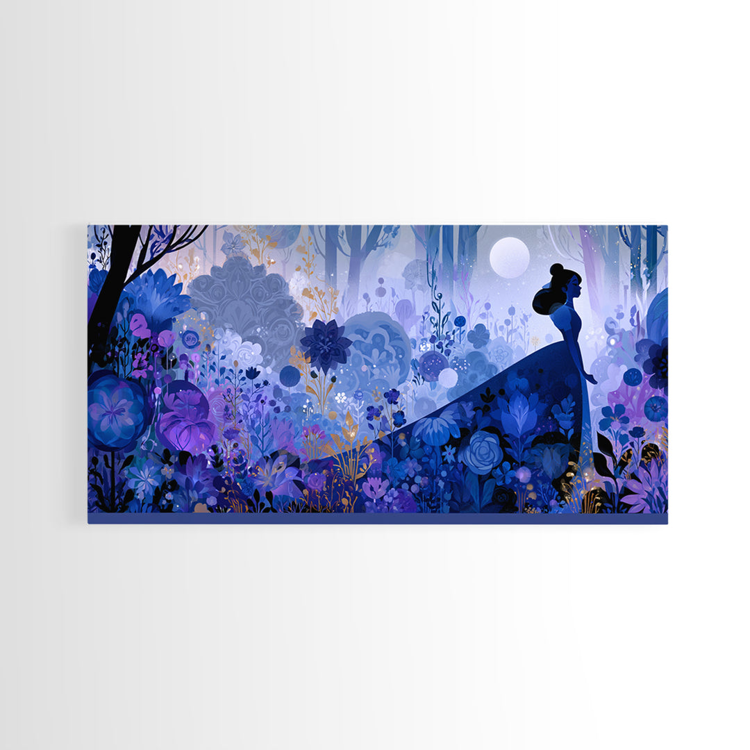 Princess Silhouette with Moonlit Garden Flowers Canvas Print, Fairy Tale Art, Minimalist Decor, Living Room Decor, Storybook, FTA-2x1-24