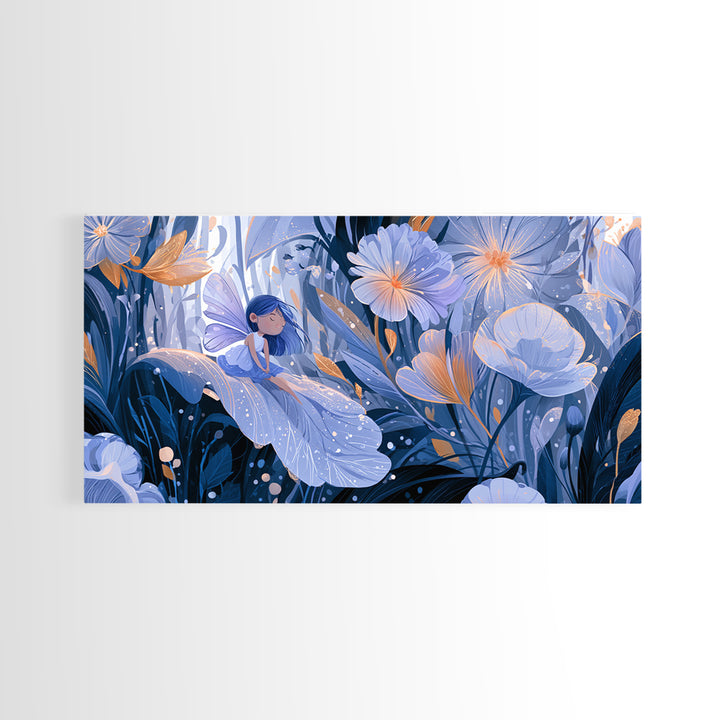 Tiny Fairy Resting on a Dew Covered Framed Canvas Print, Fairy Tale Art, Boho Decor, Living Room Decor, Fine Art, Storybook, FTA-2x1-27