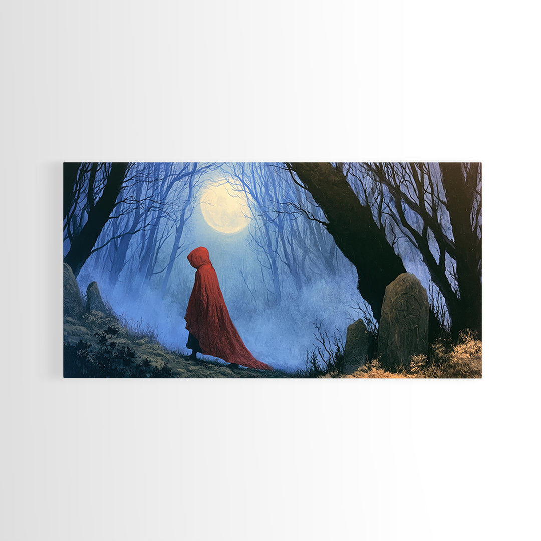 Red Cloak Figure Walking Through Dark Woods Canvas Print, Fairy Tale Art, Contemporary Art, Living Room Decor, Storybook, FTA-2x1-28