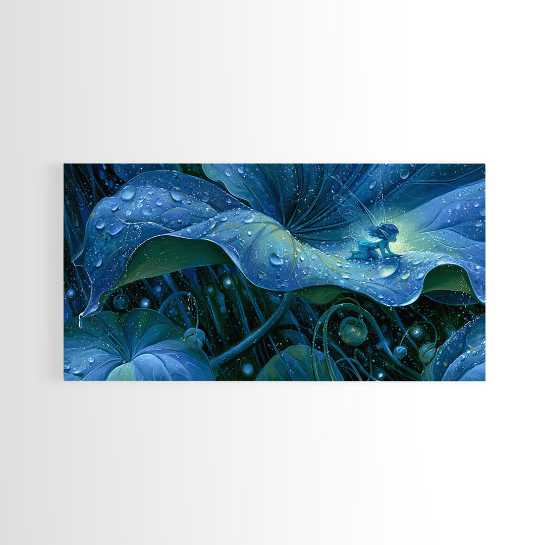 Tiny Fairy Resting on a Dew Covered Framed Canvas Print, Fairy Tale Art, Printable Art, Living Room Decor, Oil Painting, FTA-2x1-3